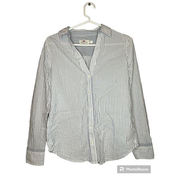 Vineyard Vines Black White Blue Pin Stripe Button Down V Neck Blouse Size 2 - Picture 1 of 7